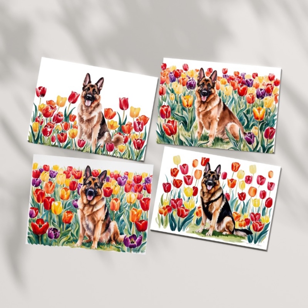 German Shepherd in a Field of Tulips, Spring Collection Blank Note Card Set